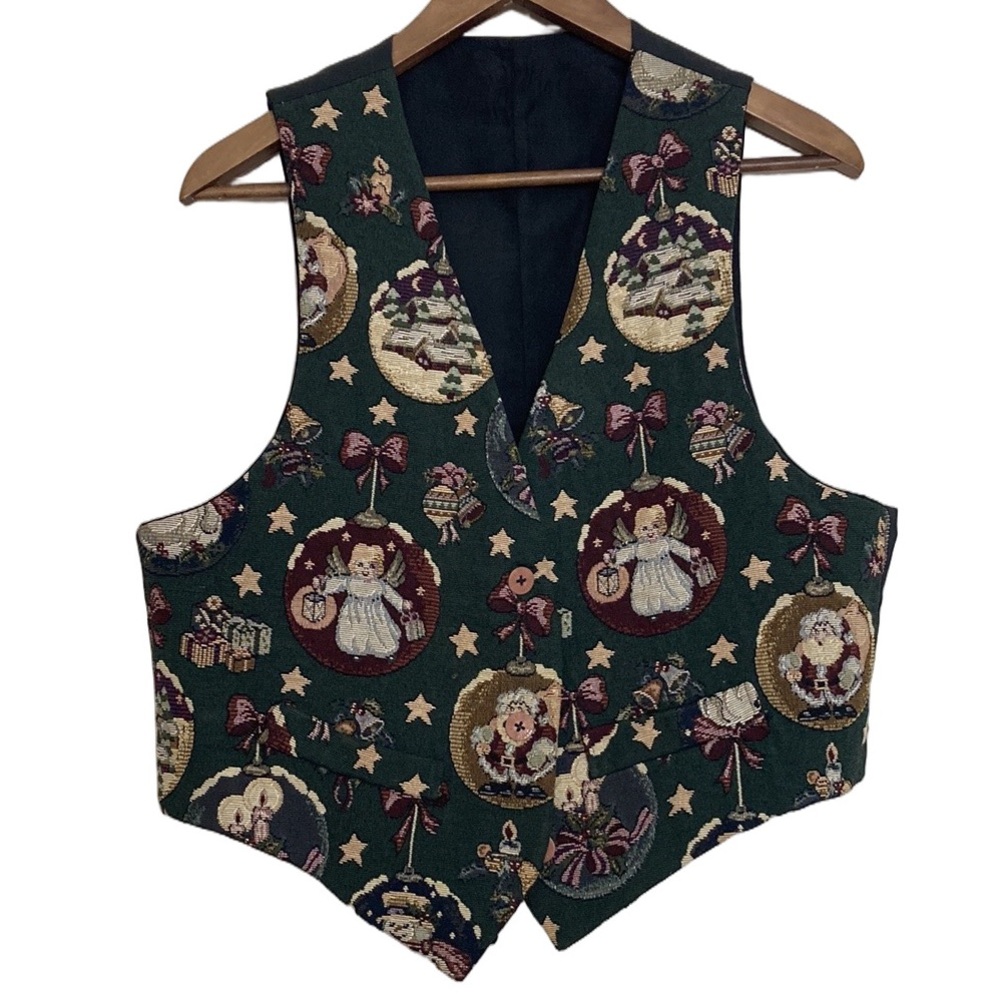 Handmade Vest Women Medium Large Green Red Christmas Tapestry 90s Mom Waistcoat